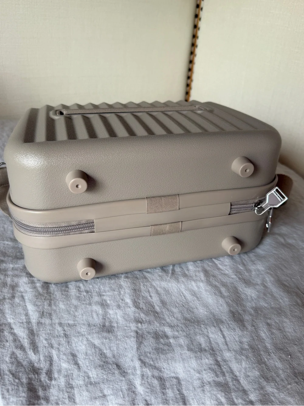 Textured Taupe Hard-Shell Cosmetic Case with Shoulder Strap